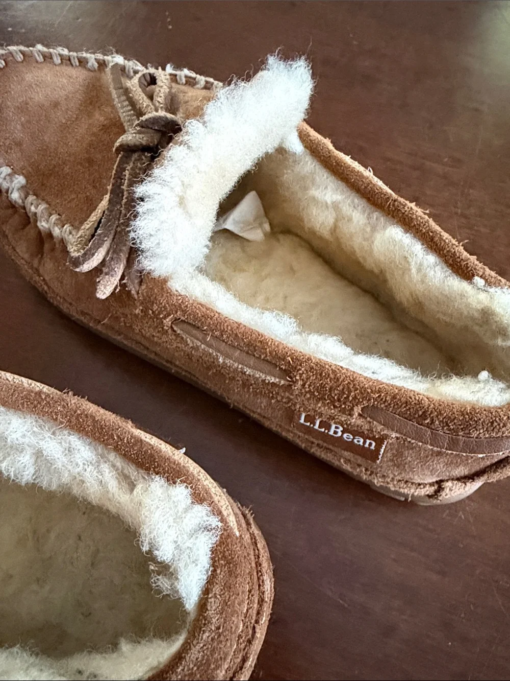 L.L. Bean Kids Brown Moccasin Slippers with Cream Lining